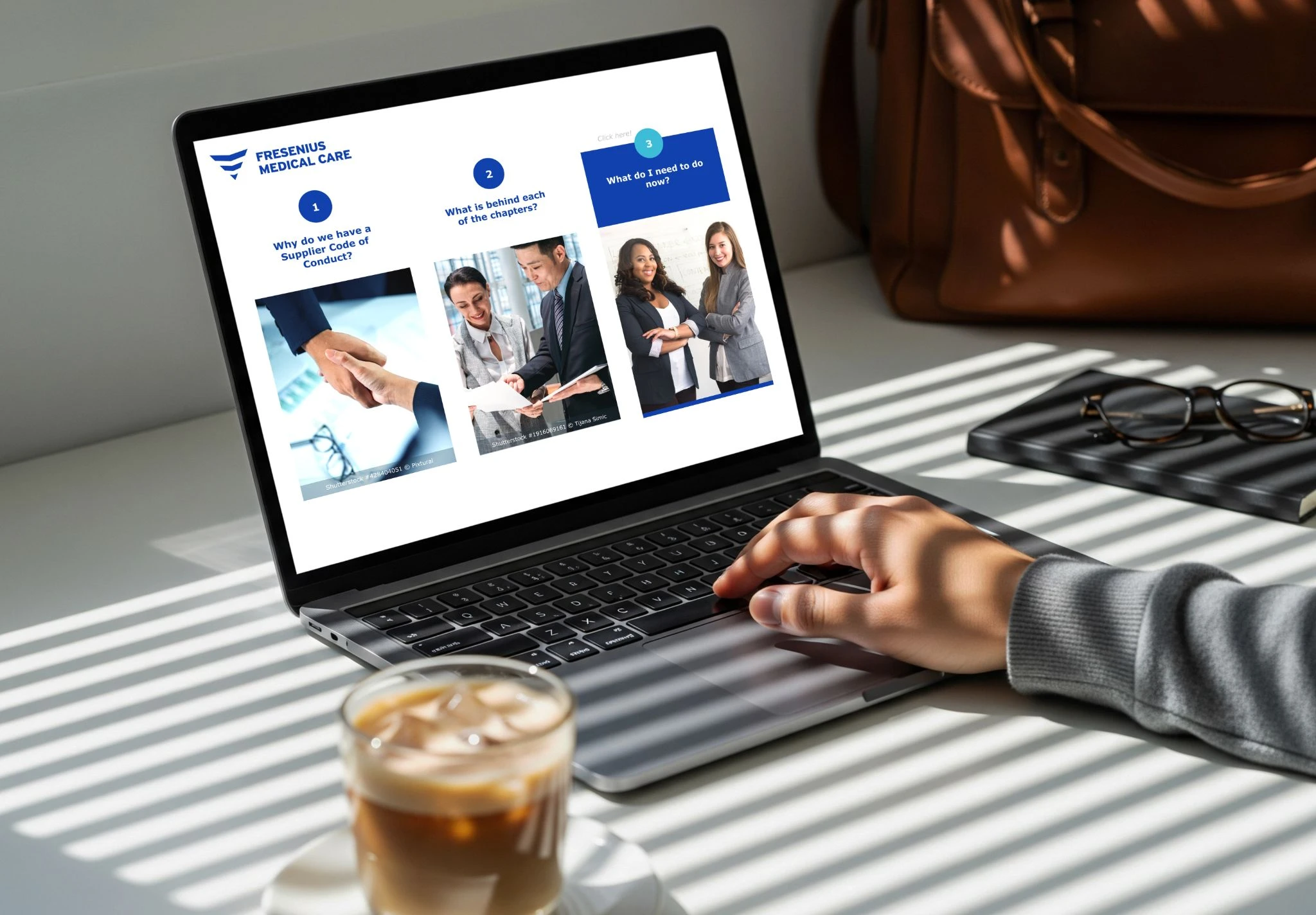 Person completing a Fresenius Medical Care supplier code of conduct course on a laptop.