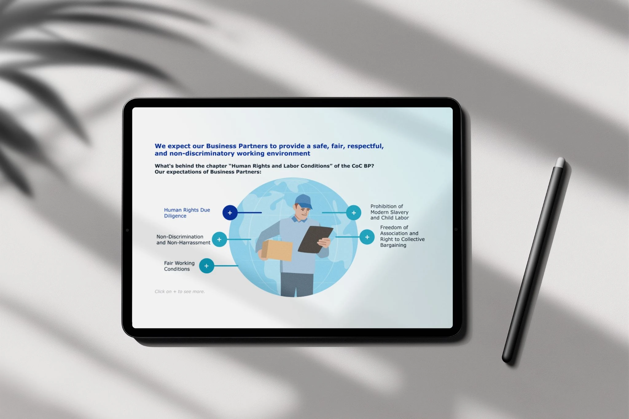 Tablet displaying a business partner training module about human rights and labor conditions.