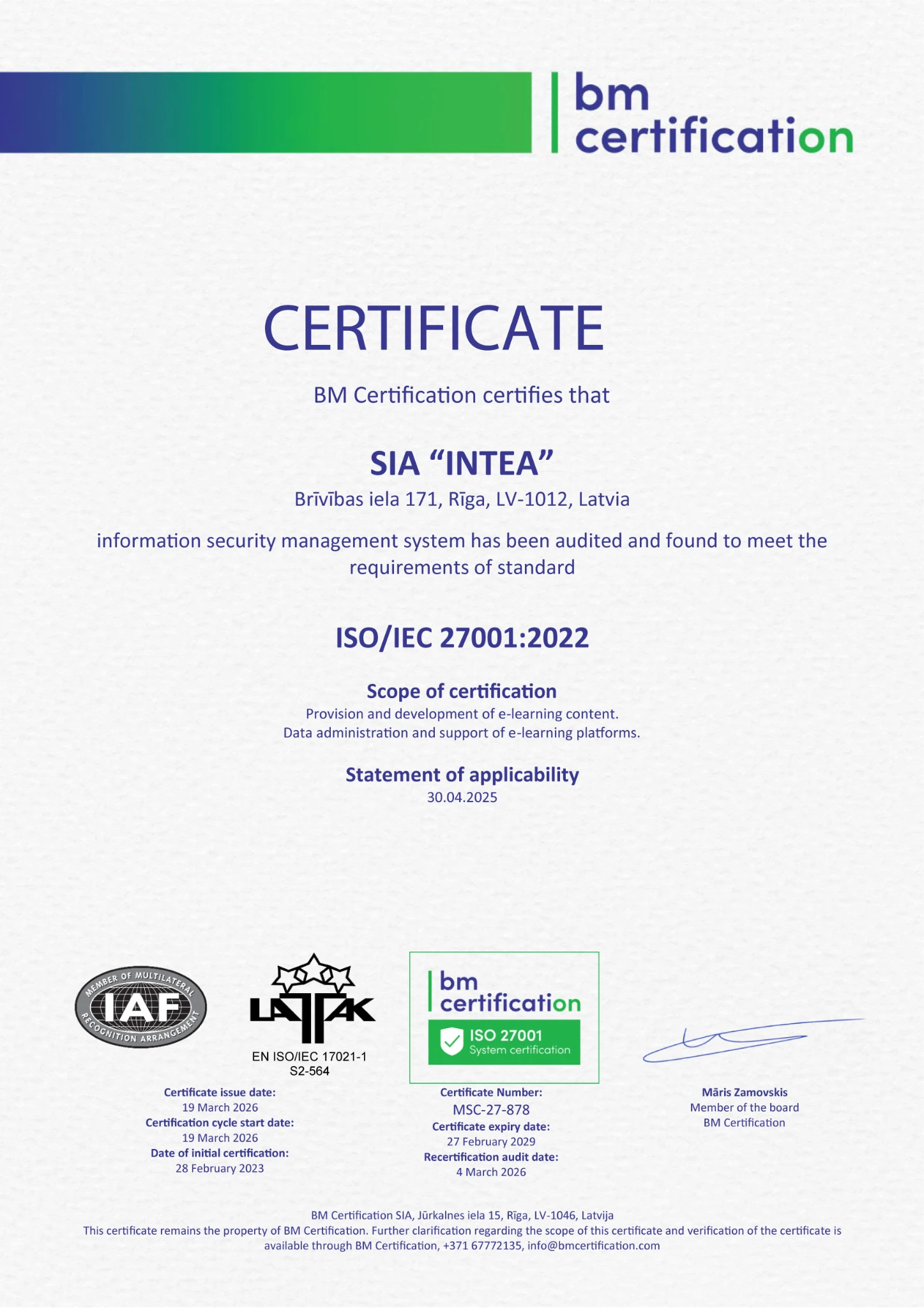 INTEA ISO 27001 certificate