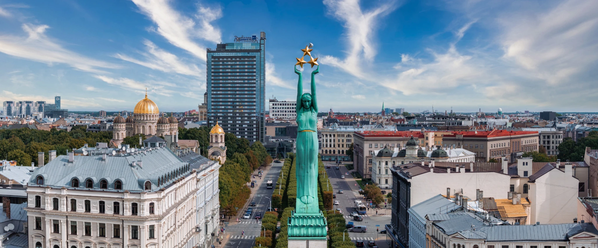 VAS: Aerial view of central Riga with the Freedom Monument.
